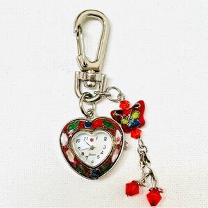 Vintage J-Axis Heart Clip Watch Women's Silver Red Cloisonne Butterfly Purse Fob